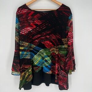 Calessa Womens Tunic Top Size 2X Abstract Multicolor Bell Sleeve Mesh Stretch
